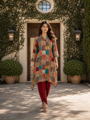 Multi Color Patch Printed Shawl Collar Kurta With Tulip Dhoti Pants