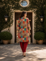 Multi Color Patch Printed Shawl Collar Kurta With Tulip Dhoti Pants