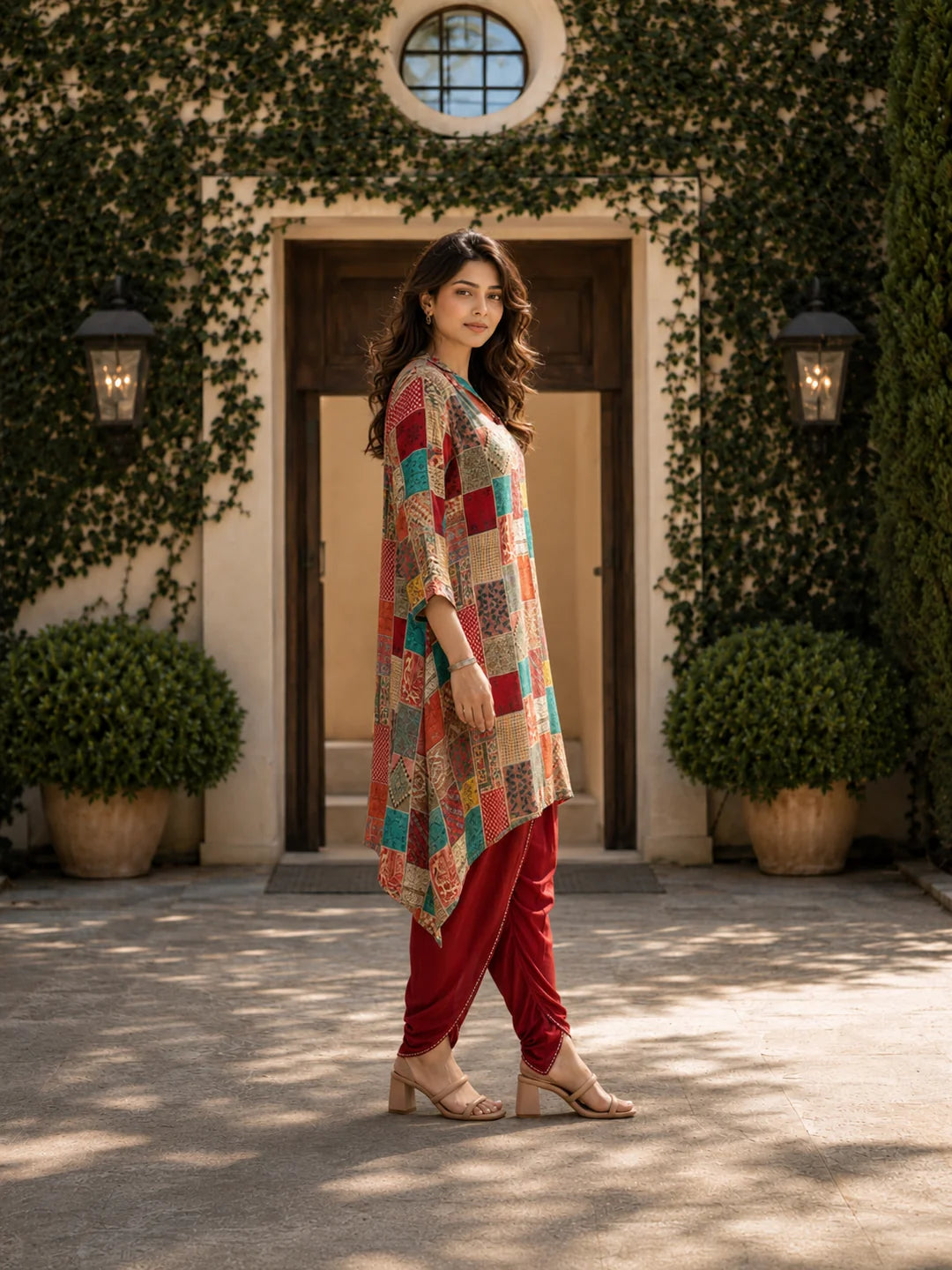 Multi Color Patch Printed Shawl Collar Kurta With Tulip Dhoti Pants