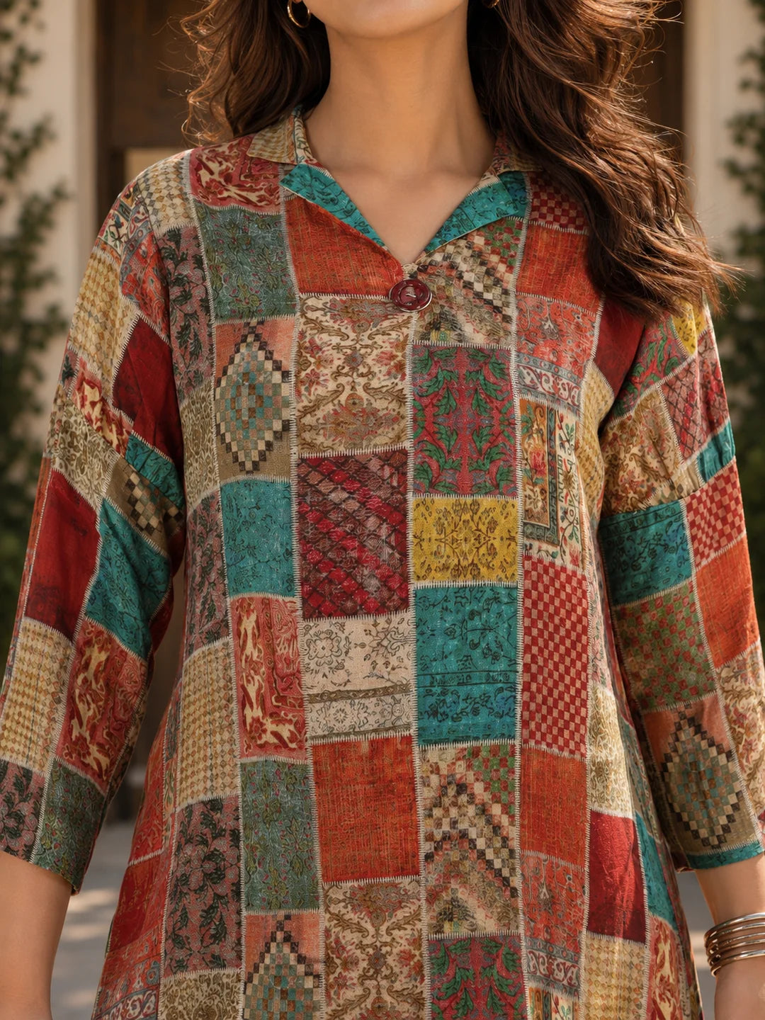 Multi Color Patch Printed Shawl Collar Kurta With Tulip Dhoti Pants