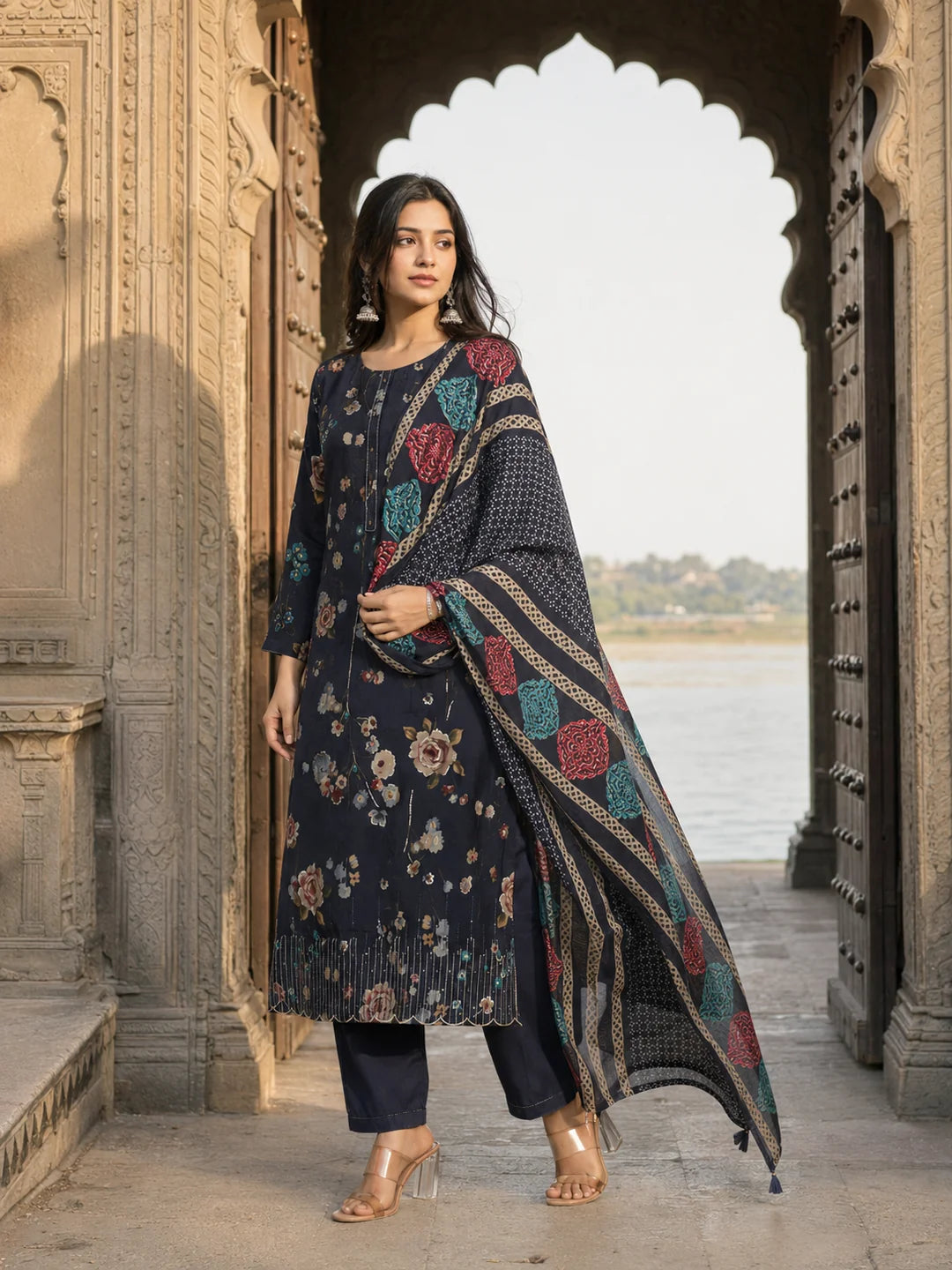 Navy Blue Floral Printed Muslin Ethnic Set With Dupatta