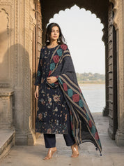 Navy Blue Floral Printed Muslin Ethnic Set With Dupatta
