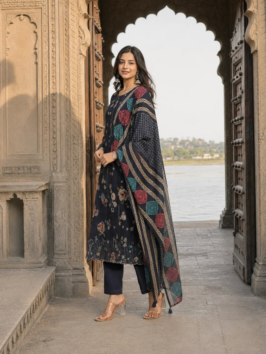 Navy Blue Floral Printed Muslin Ethnic Set With Dupatta