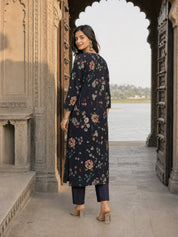 Navy Blue Floral Printed Muslin Ethnic Set With Dupatta