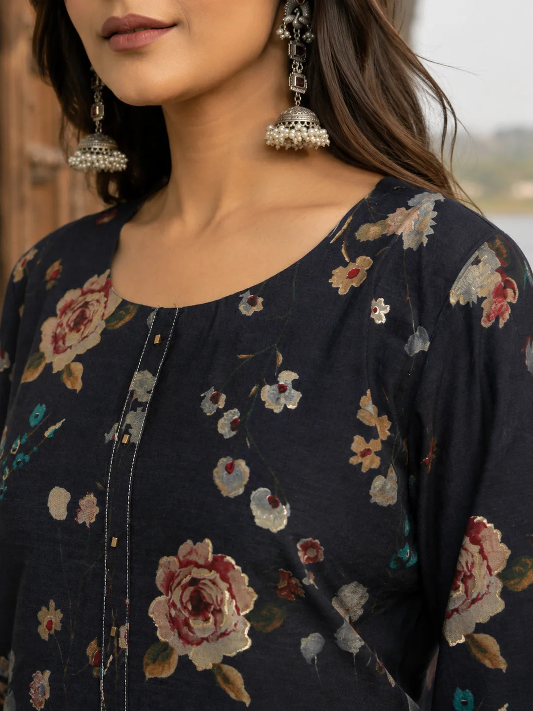 Navy Blue Floral Printed Muslin Ethnic Set With Dupatta