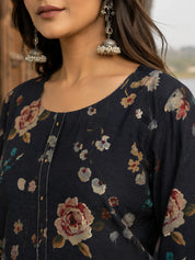 Navy Blue Floral Printed Muslin Ethnic Set With Dupatta