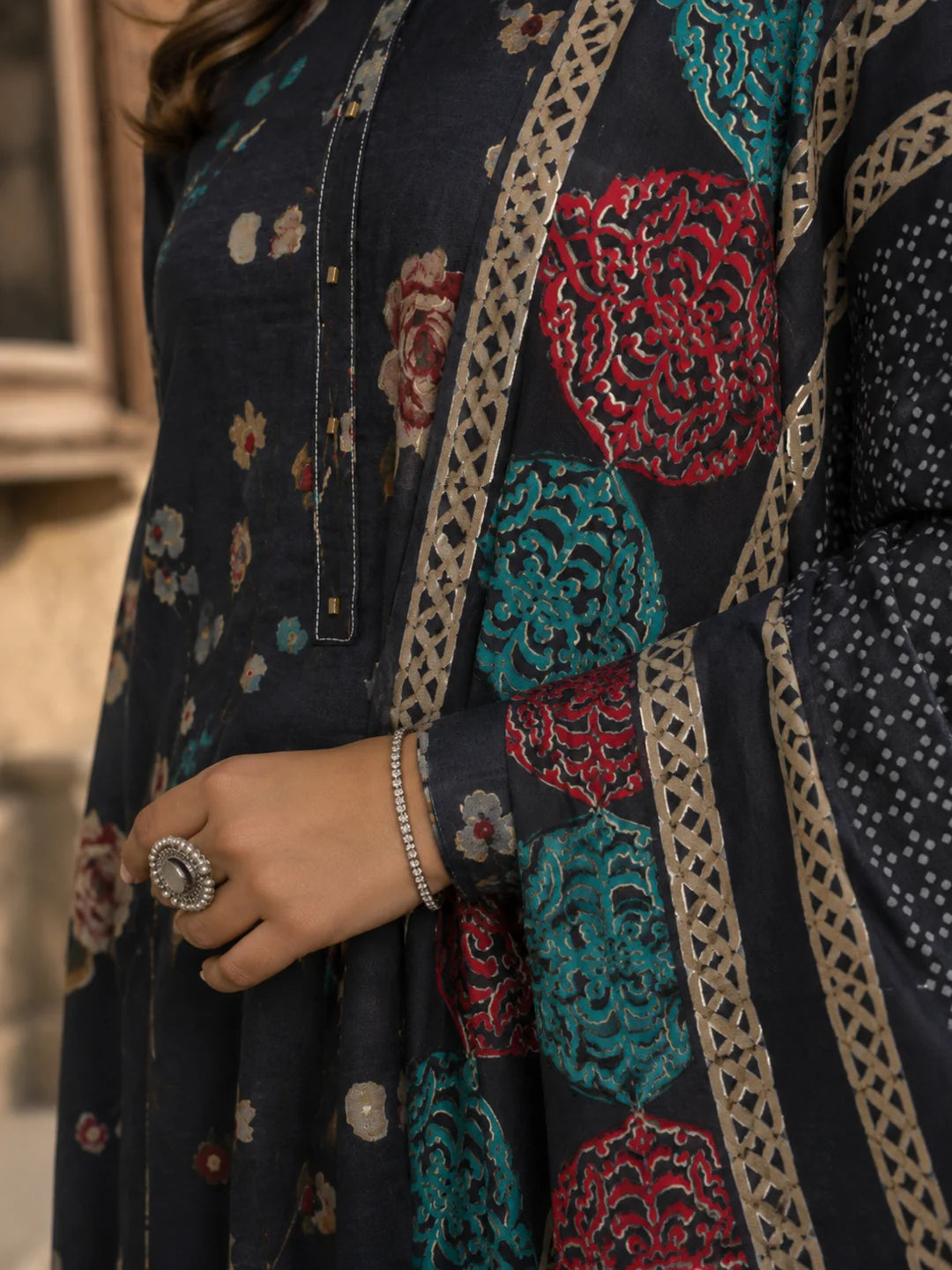 Navy Blue Floral Printed Muslin Ethnic Set With Dupatta