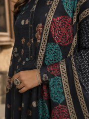 Navy Blue Floral Printed Muslin Ethnic Set With Dupatta