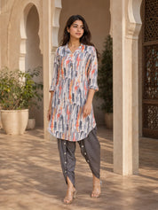 Grey Abstract Printed Shawl Collar Kurta With Embellished Tulip Dhoti Pants