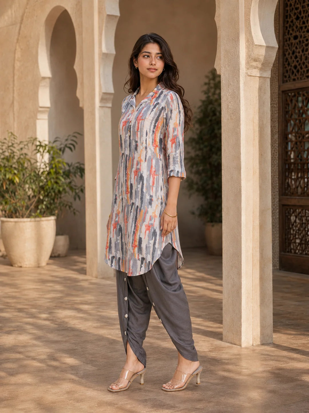 Grey Abstract Printed Shawl Collar Kurta With Embellished Tulip Dhoti Pants