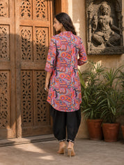 Multi Abstrac Printed Shawl Collar Kurta With Tulip Dhoti Pants