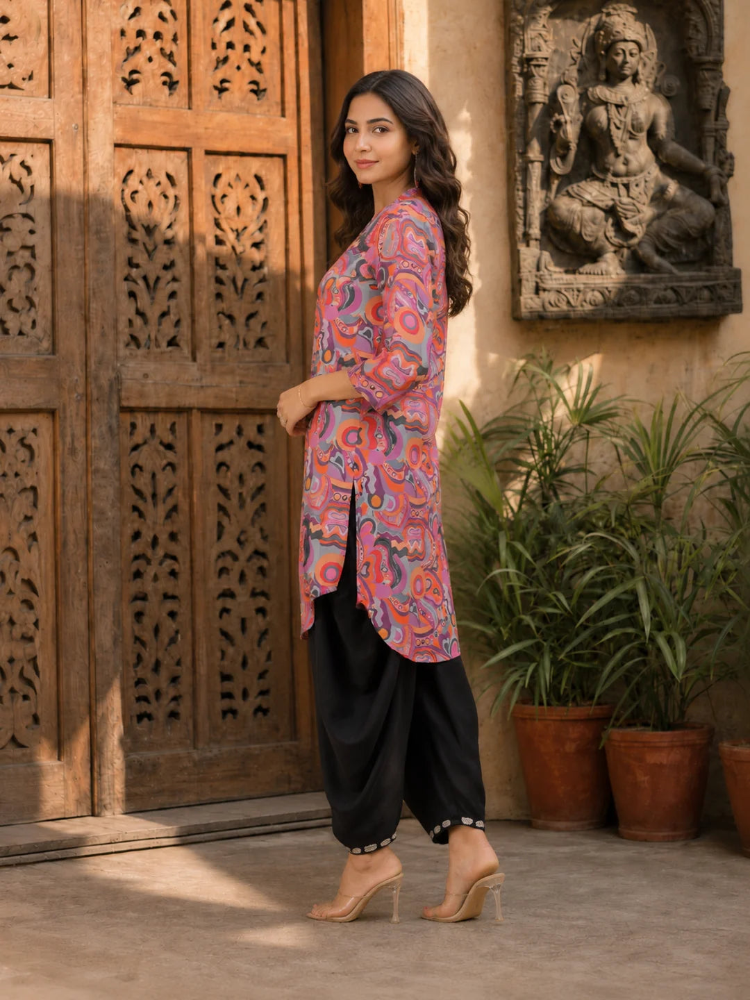 Multi Abstrac Printed Shawl Collar Kurta With Tulip Dhoti Pants