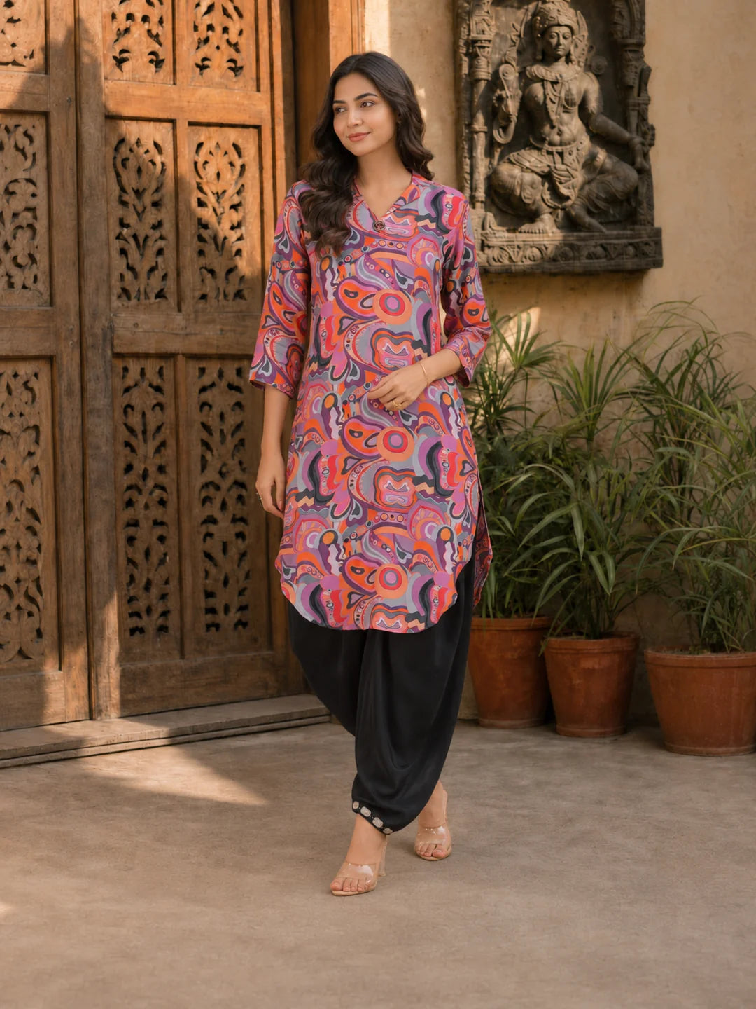 Multi Abstrac Printed Shawl Collar Kurta With Tulip Dhoti Pants