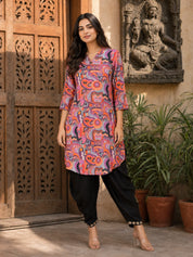 Multi Abstrac Printed Shawl Collar Kurta With Tulip Dhoti Pants