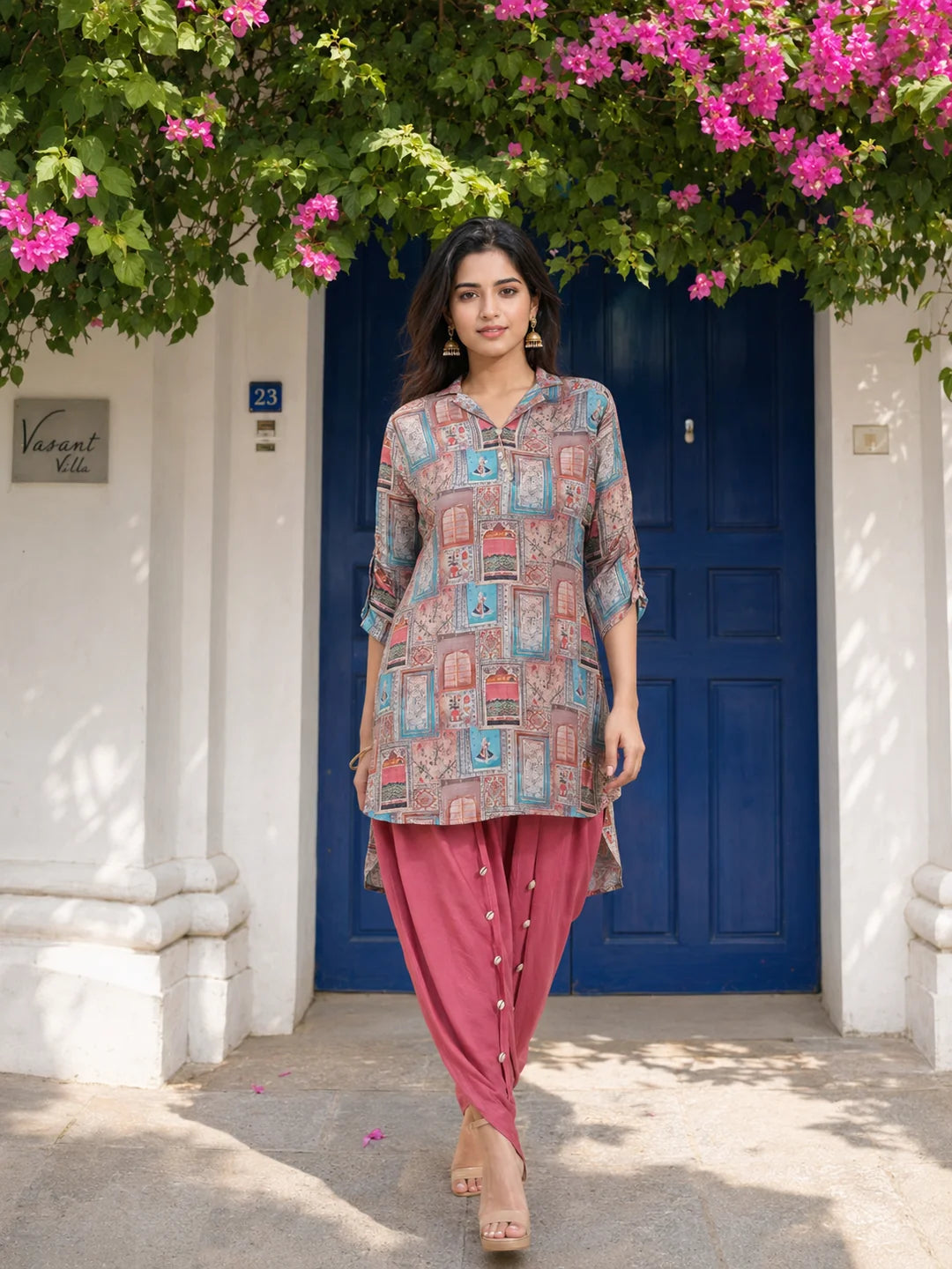 Jharokha Collage Printed High Low Shirt Style Muslin Tunic With Tulip Pants.