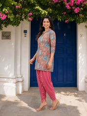 Jharokha Collage Printed High Low Shirt Style Muslin Tunic With Tulip Pants.