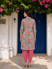 Jharokha Collage Printed High Low Shirt Style Muslin Tunic With Tulip Pants.