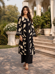 Monochrome Ethnic Leaf Print Kurta Set in German Rayon