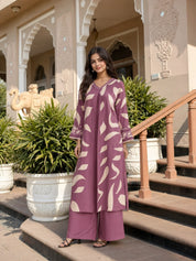 Cream & Plum Leaf Print Kurta Set in German Rayon