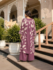 Cream & Plum Leaf Print Kurta Set in German Rayon