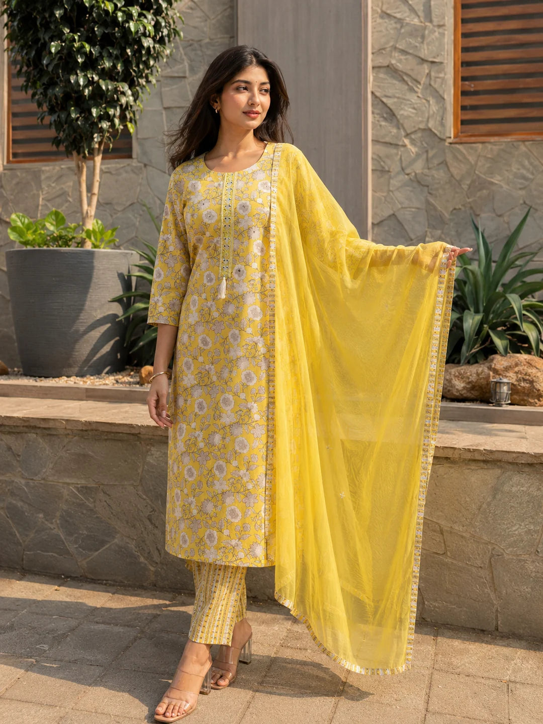 Yellow Printed & Embellished Cotton Kurta with Trousers & With Dupatta
