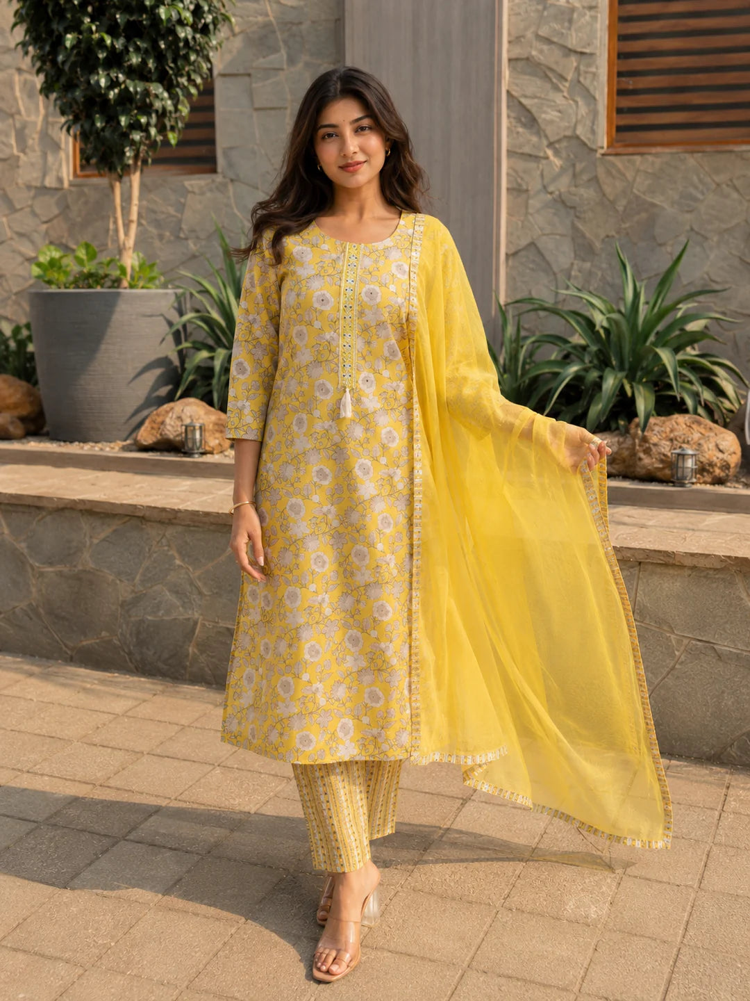 Yellow Printed & Embellished Cotton Kurta with Trousers & With Dupatta