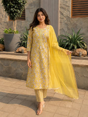 Yellow Printed & Embellished Cotton Kurta with Trousers & With Dupatta