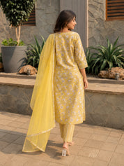 Yellow Printed & Embellished Cotton Kurta with Trousers & With Dupatta