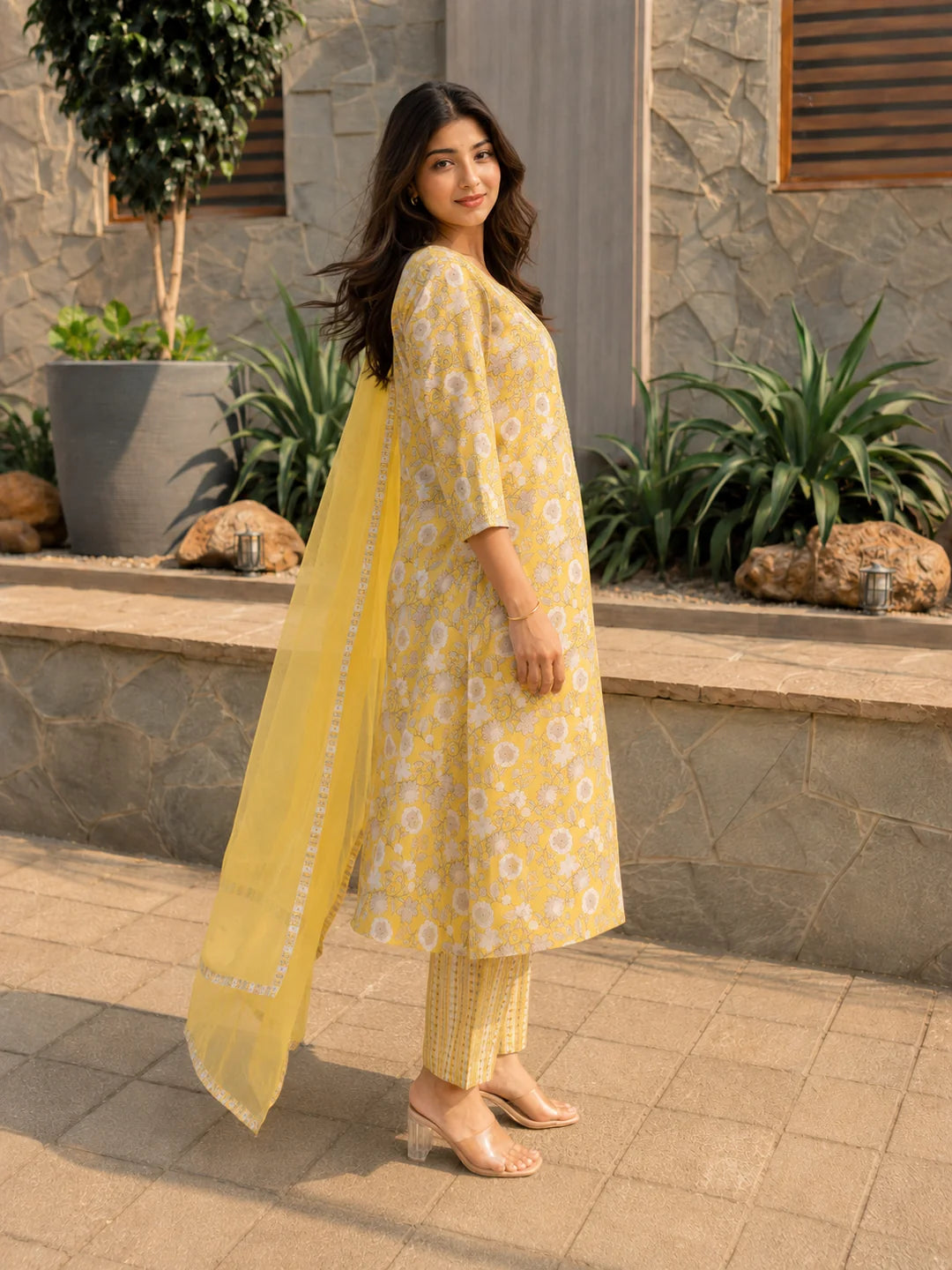 Yellow Printed & Embellished Cotton Kurta with Trousers & With Dupatta