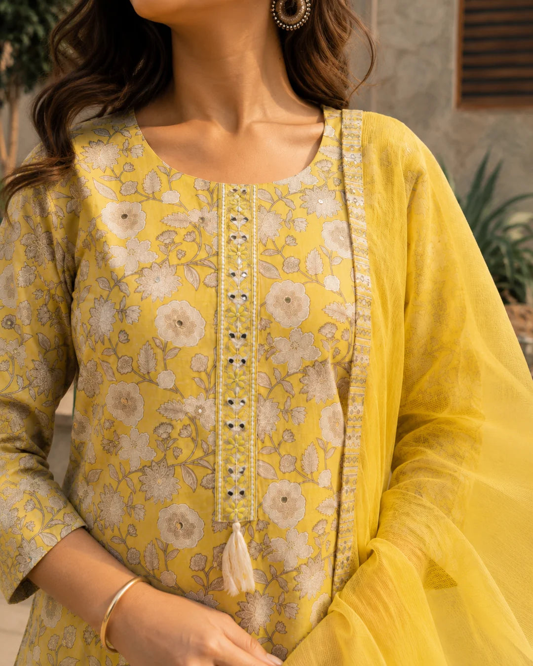 Yellow Printed & Embellished Cotton Kurta with Trousers & With Dupatta