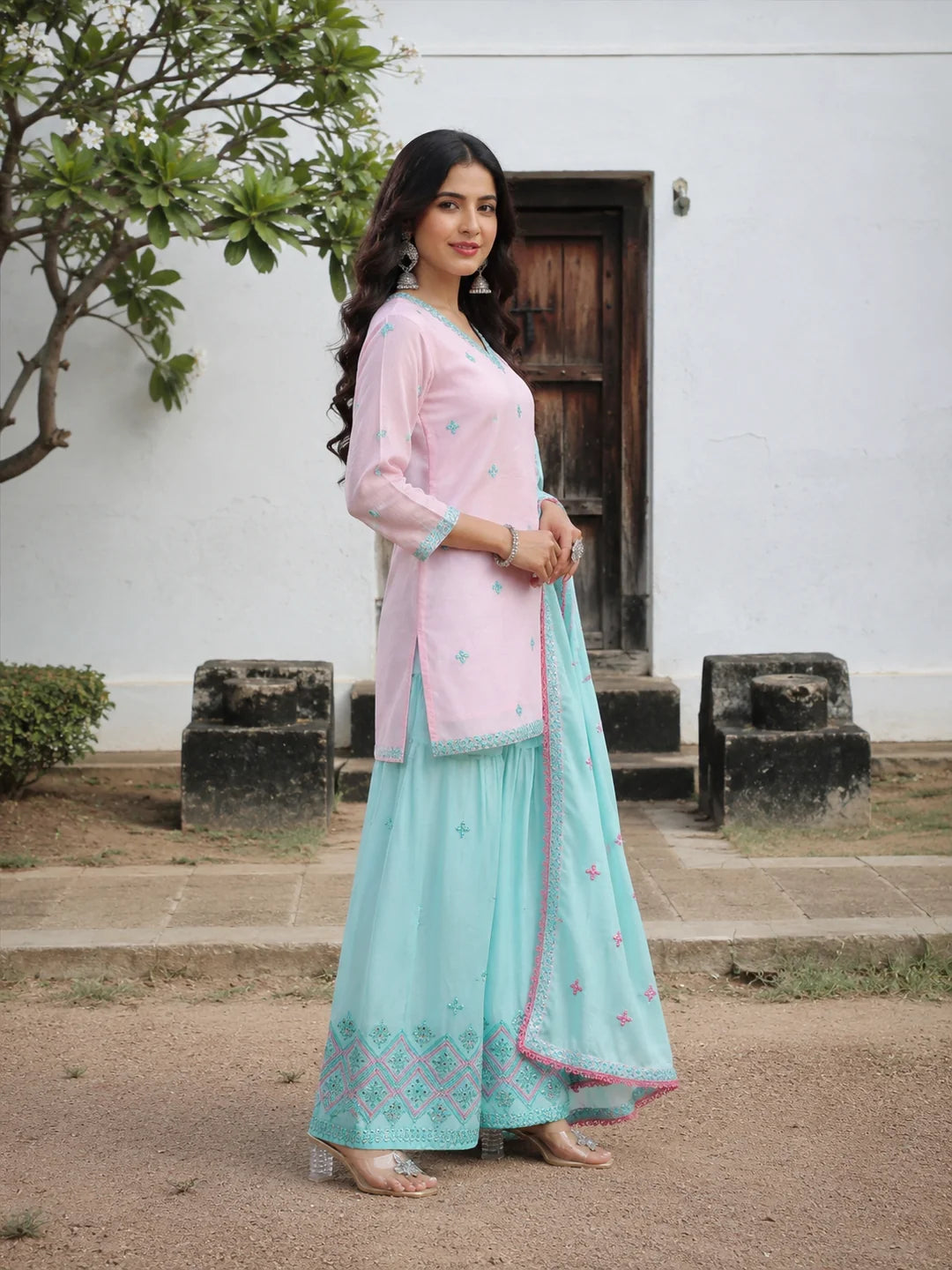 Pastel And Bling Pink Blue Sharara Ethnic Set With Dupatta