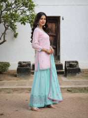 Pastel And Bling Pink Blue Sharara Ethnic Set With Dupatta