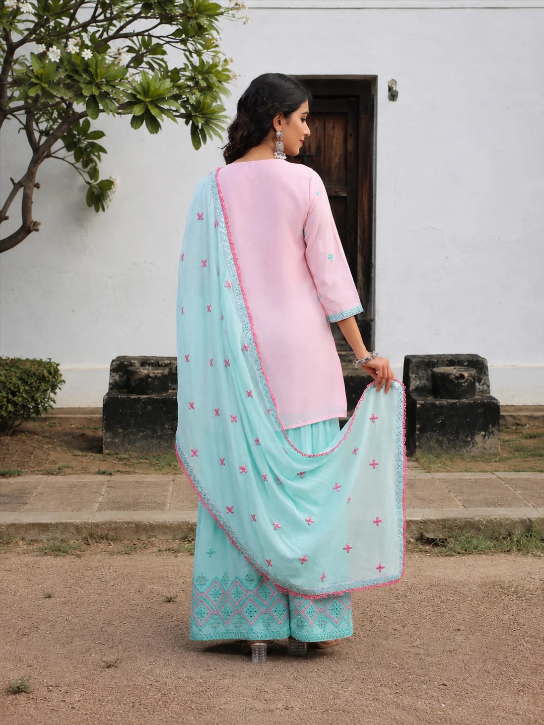 Pastel And Bling Pink Blue Sharara Ethnic Set With Dupatta