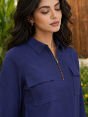 Navy Blue Zip-Front Co-Ord Set in Pure Cotton
