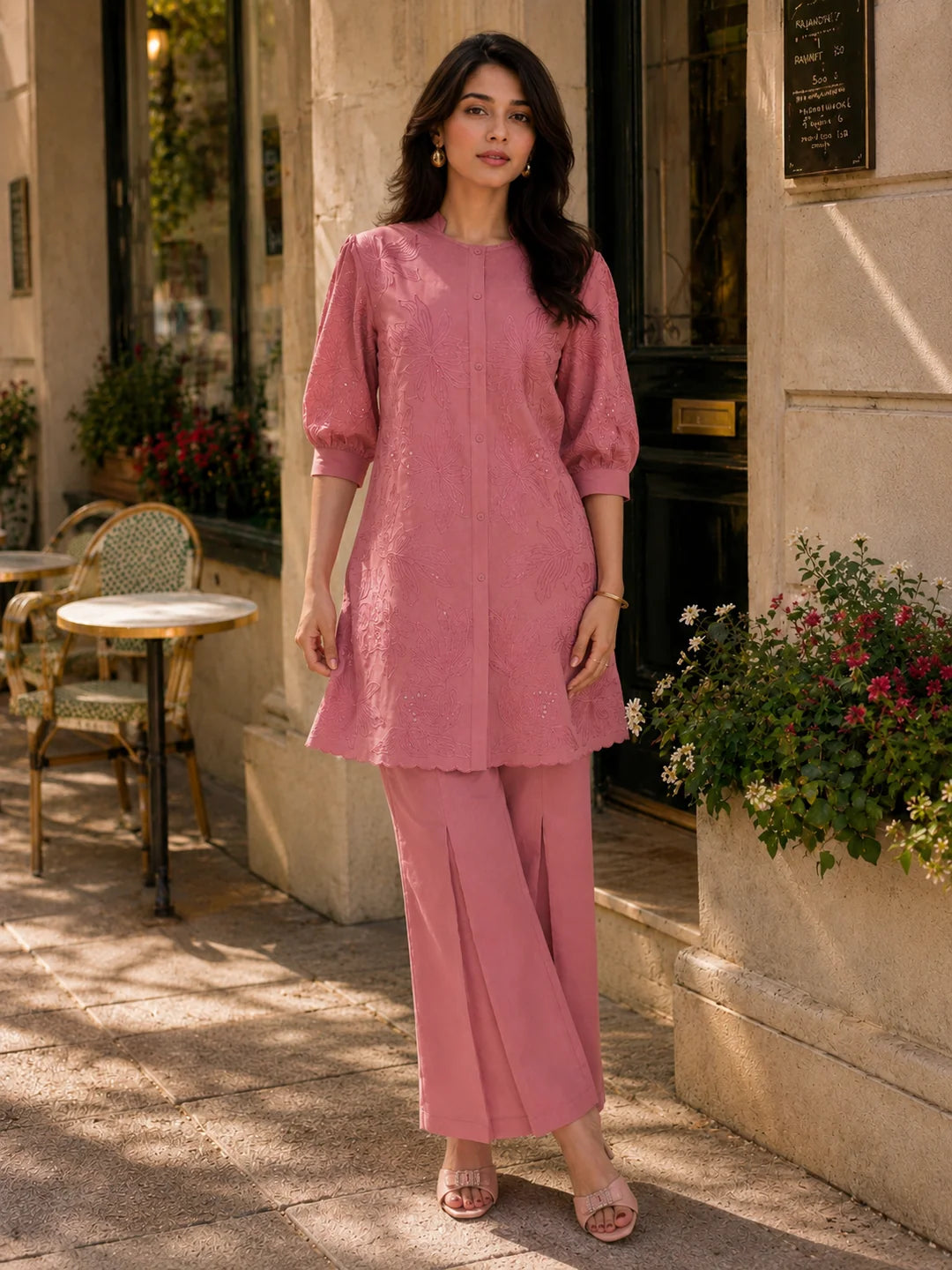 Dusty Rose Embroidered Tunic With Flared Pant