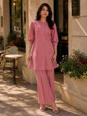 Dusty Rose Embroidered Tunic With Flared Pant