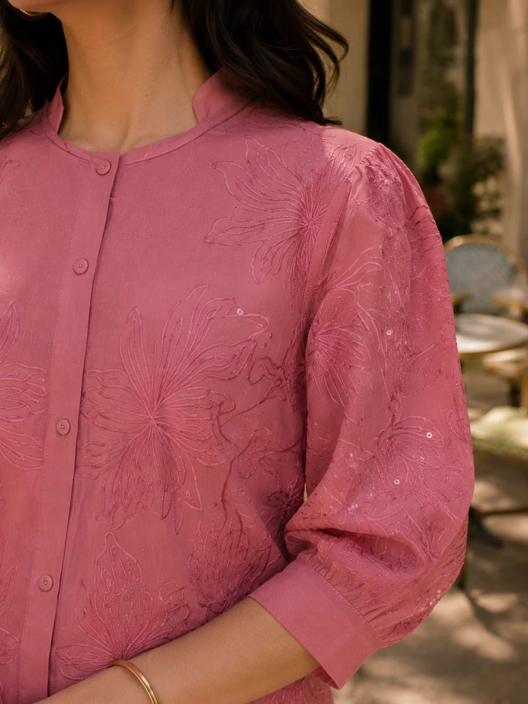 Dusty Rose Embroidered Tunic With Flared Pant
