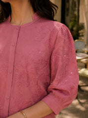 Dusty Rose Embroidered Tunic With Flared Pant