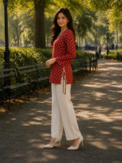 Brick Red Floral Block Print Short Kurti with Criss-Cross Tie Sides in Cotton