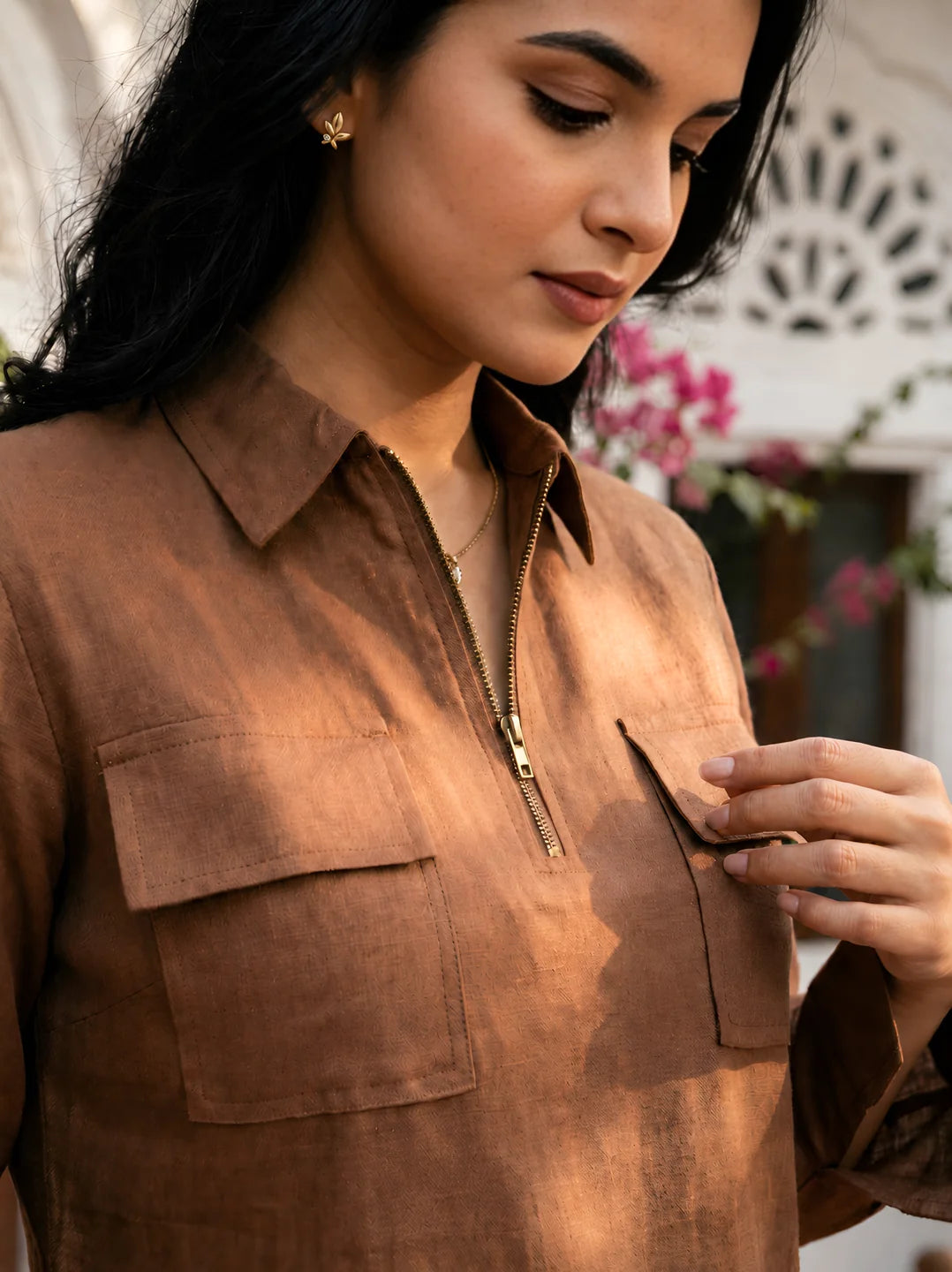 Brown Zip-Front Utility Co-Ord Set in Pure Cotton