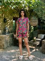 Magenta Pink Abstract Print Cotton Cambric Shirt & Shorts Co-Ord Set