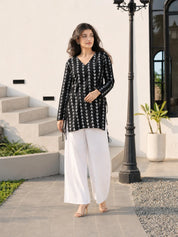 Black Geometric Triangle Print Short Kurti with Criss-Cross Tie Sides in Cotton