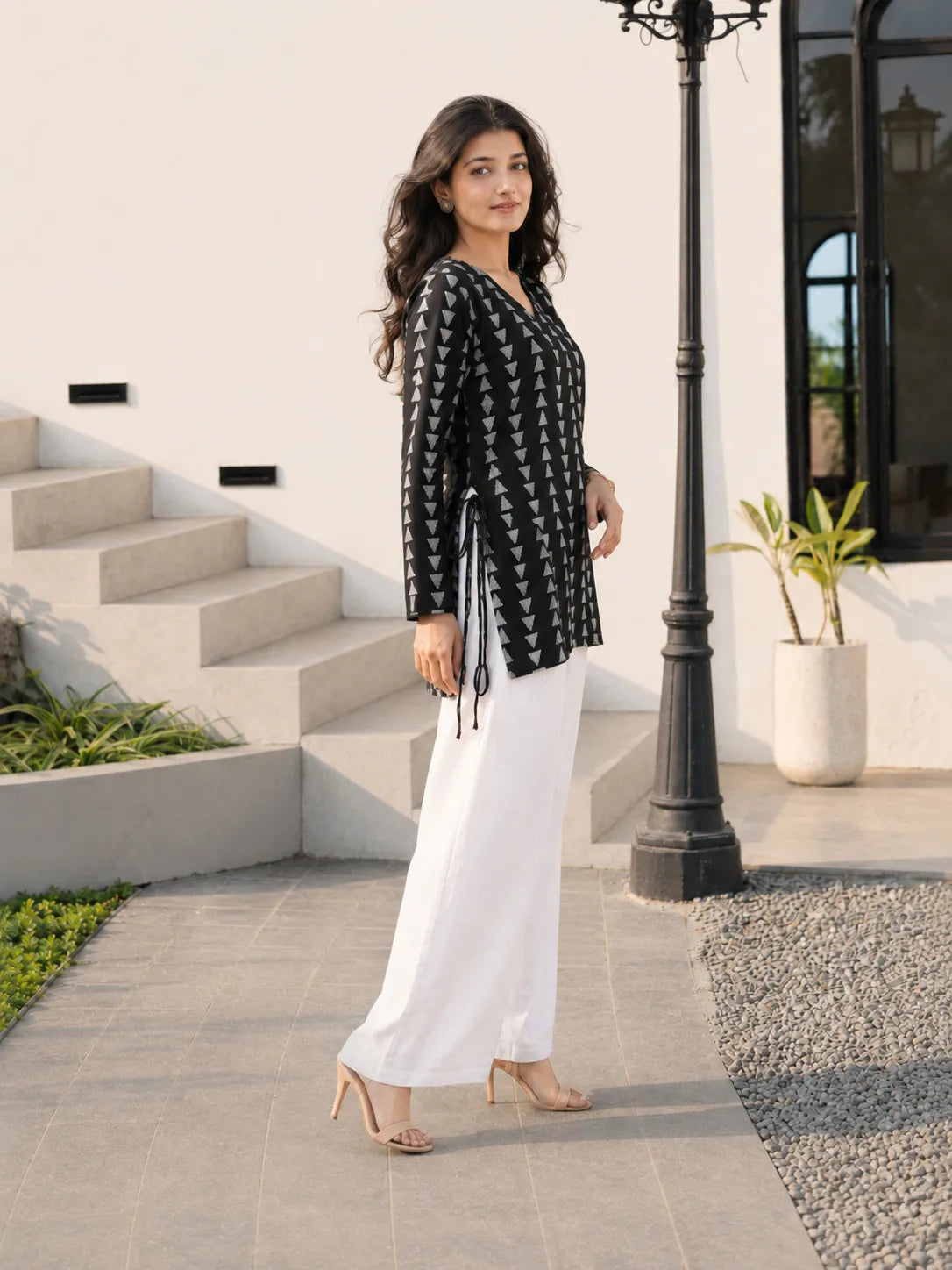Black Geometric Triangle Print Short Kurti with Criss-Cross Tie Sides in Cotton