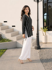 Black Geometric Triangle Print Short Kurti with Criss-Cross Tie Sides in Cotton