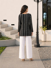 Black Geometric Triangle Print Short Kurti with Criss-Cross Tie Sides in Cotton
