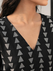 Black Geometric Triangle Print Short Kurti with Criss-Cross Tie Sides in Cotton