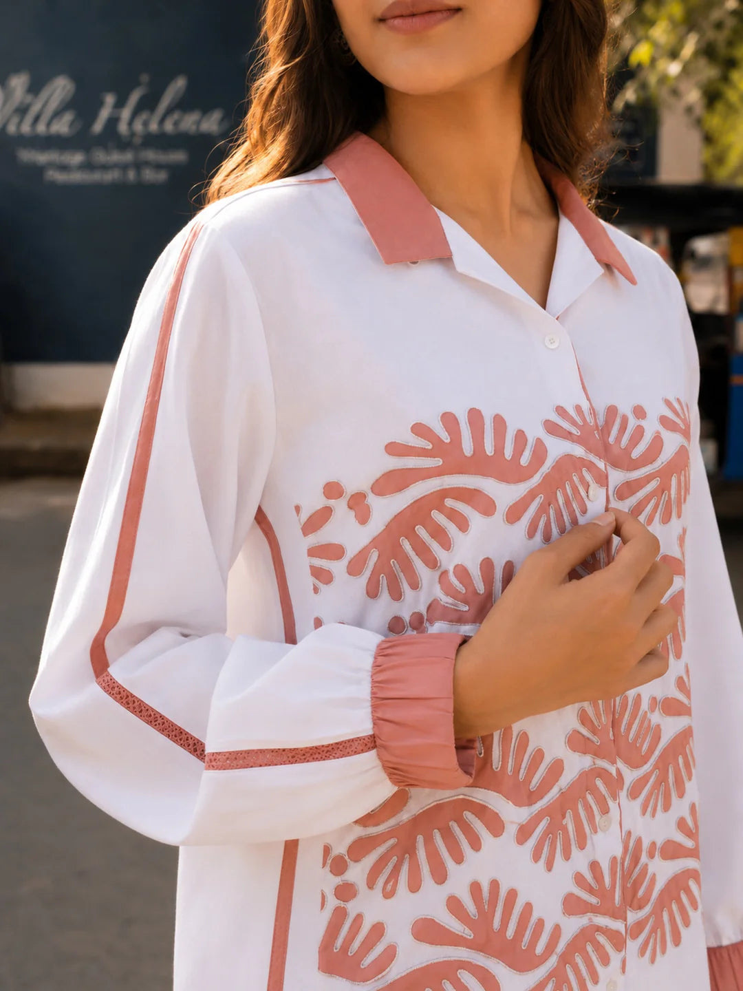 White Shirt Style Tunic Set With Embroidery