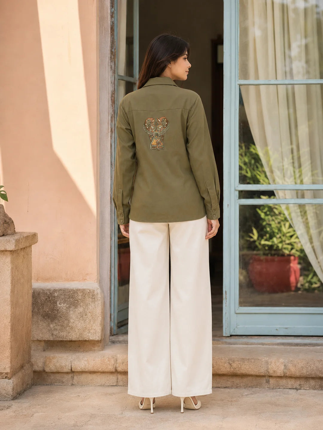 Green Linen Front Panel Shirt With Thread Work Embroidery