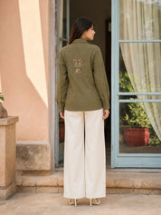 Green Linen Front Panel Shirt With Thread Work Embroidery