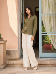 Green Linen Front Panel Shirt With Thread Work Embroidery
